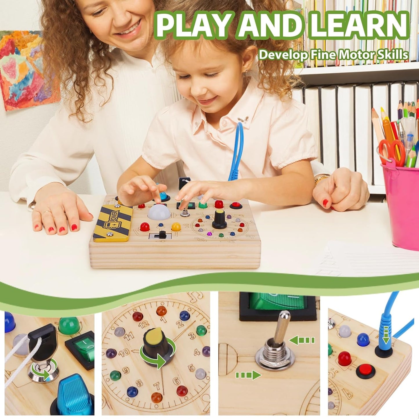 Wooden Busy Board with LED Switches