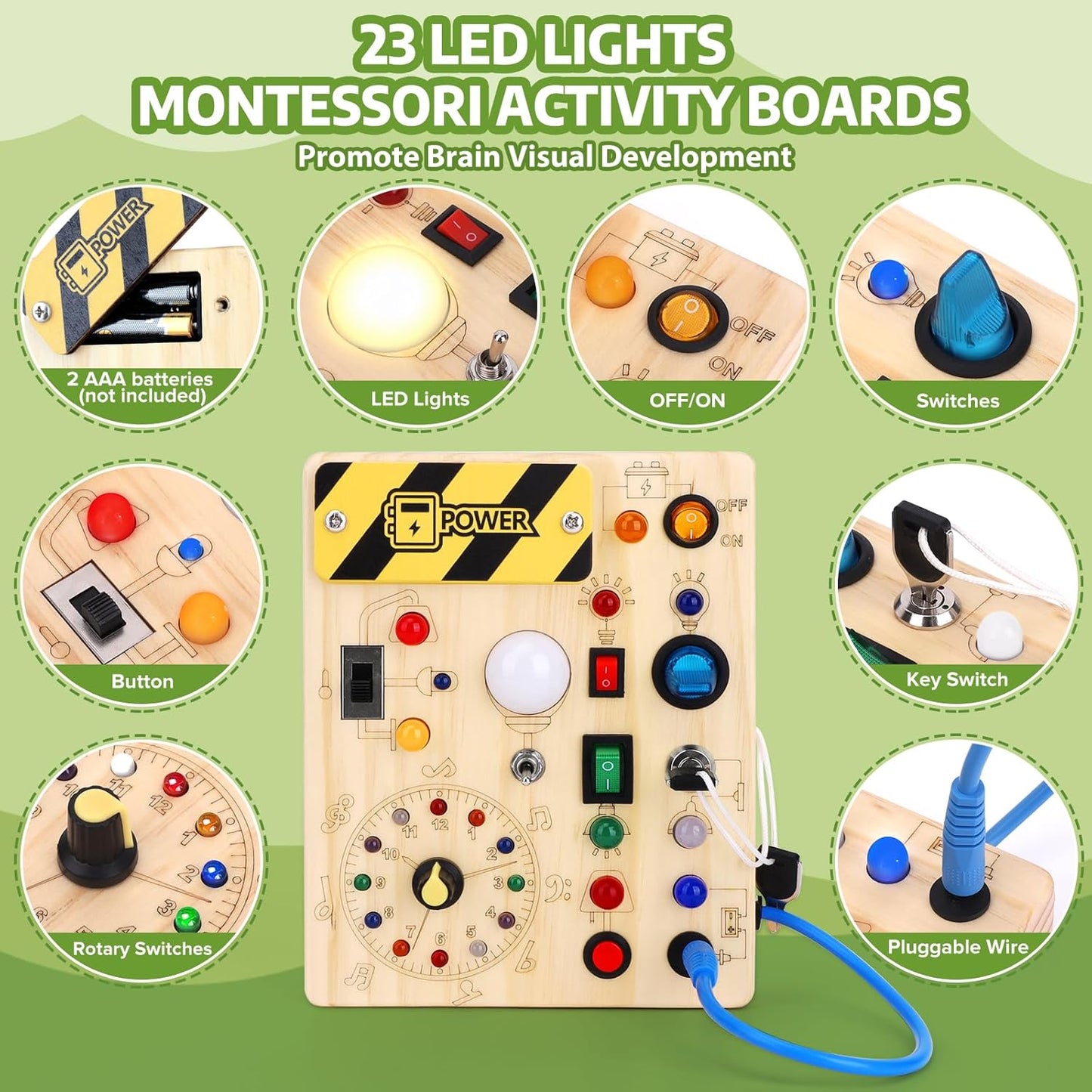 Wooden Busy Board with LED Switches